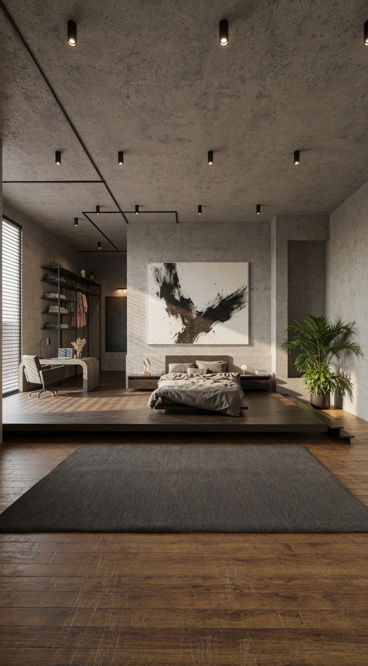 Modern bedroom with concrete walls, wood floors, and abstract artwork
