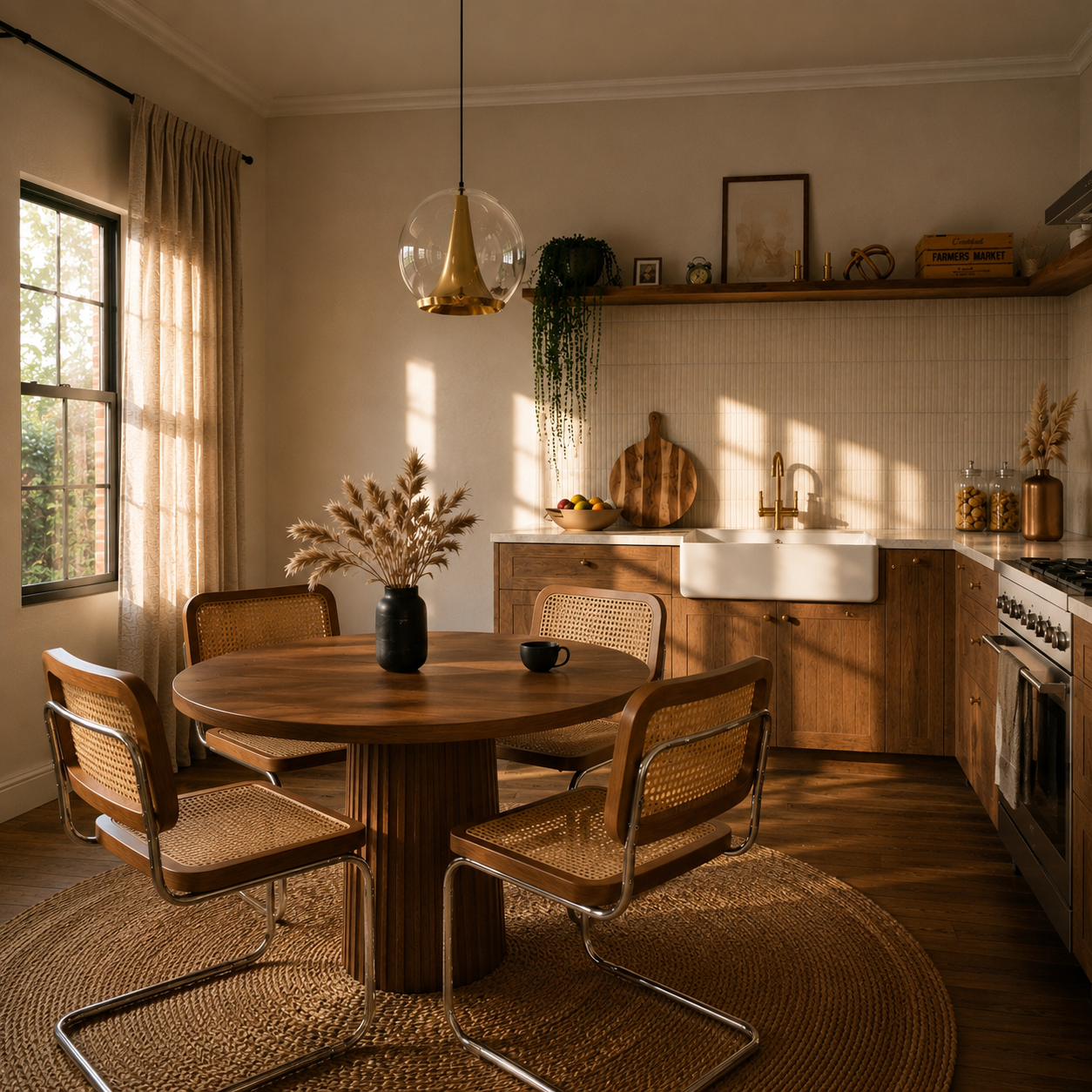Warm kitchen and dining room with wood cabinetry