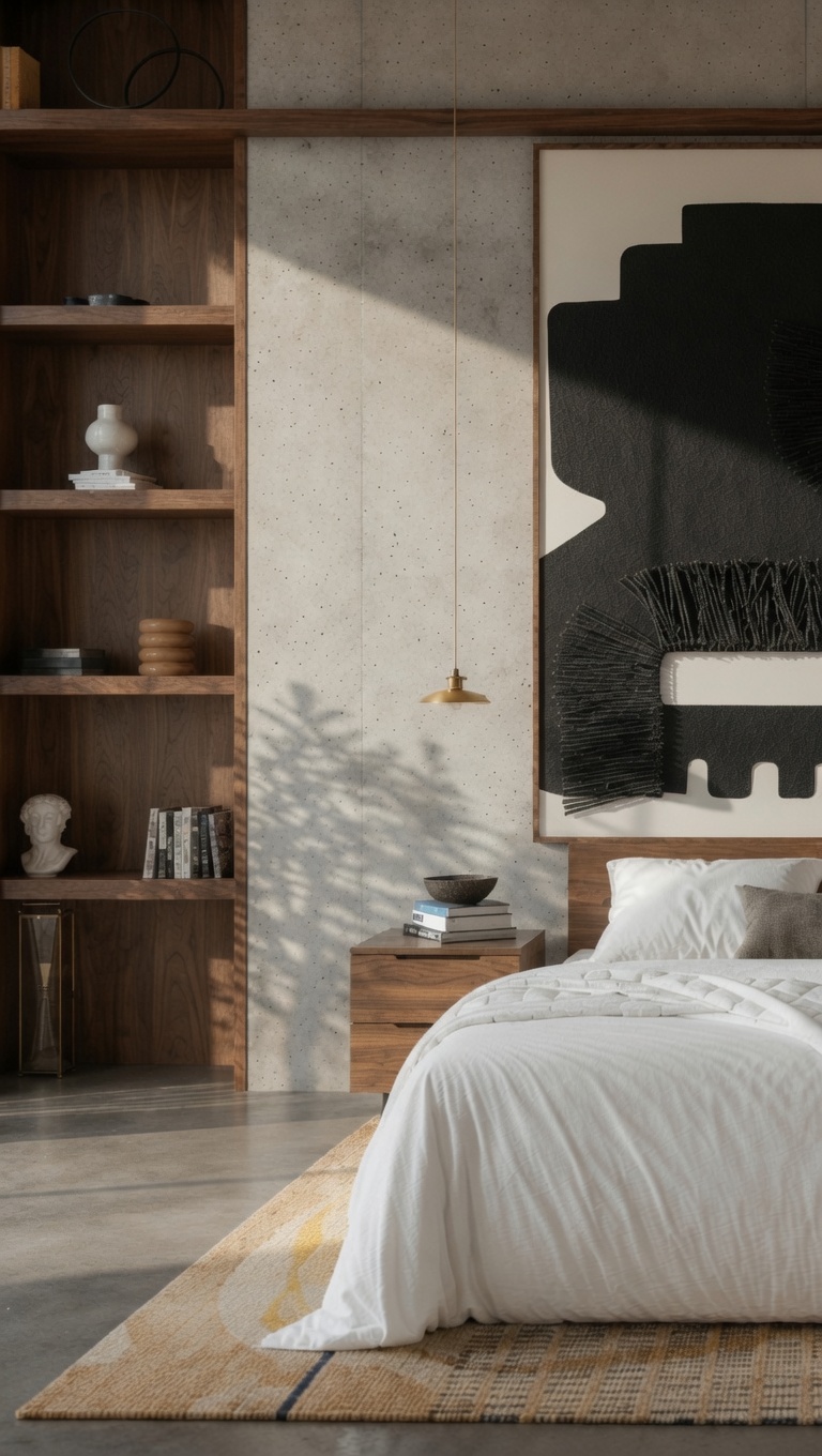 Modern bedroom with wood shelving and neutral bedding