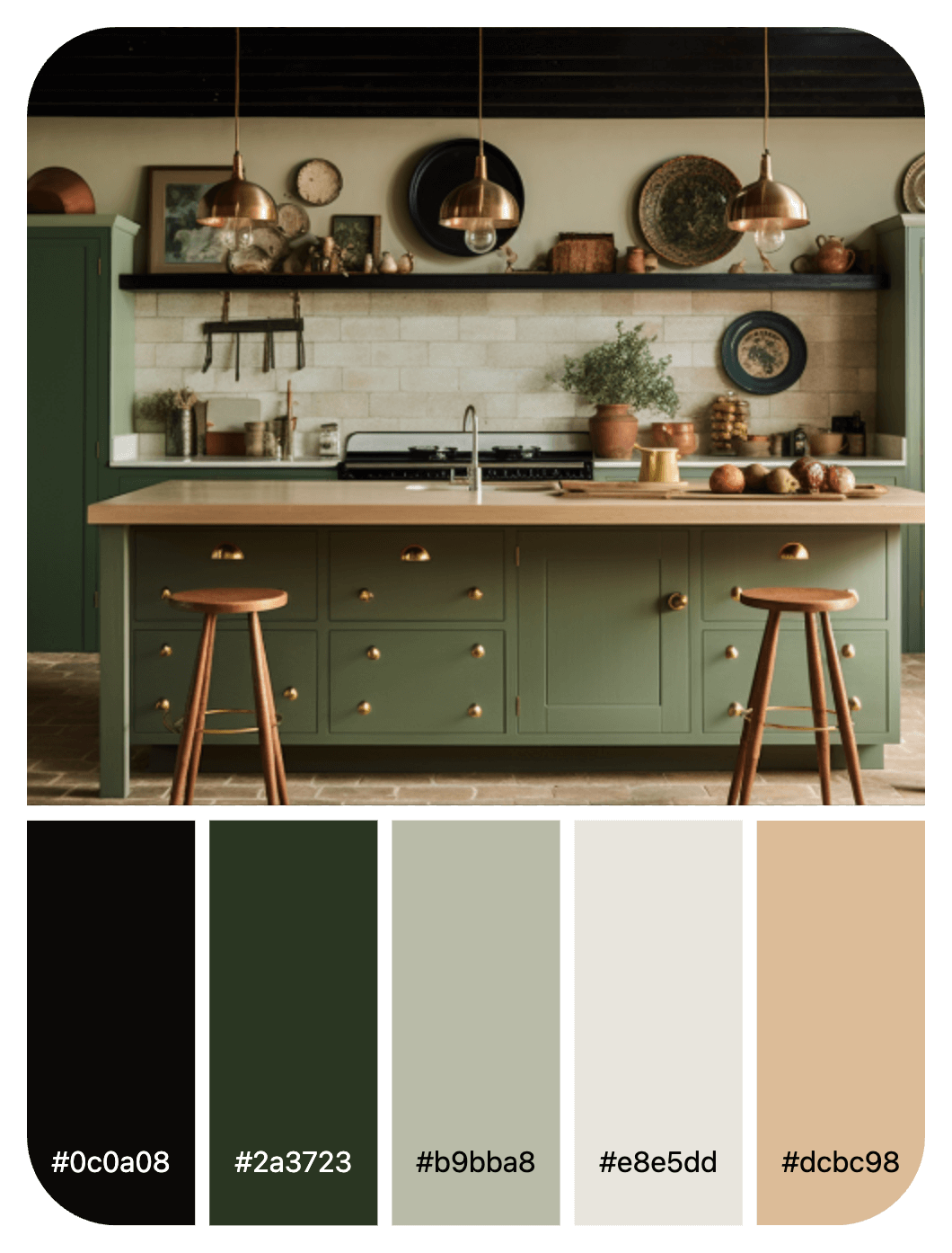 Interior material palette with green kitchen and color swatches