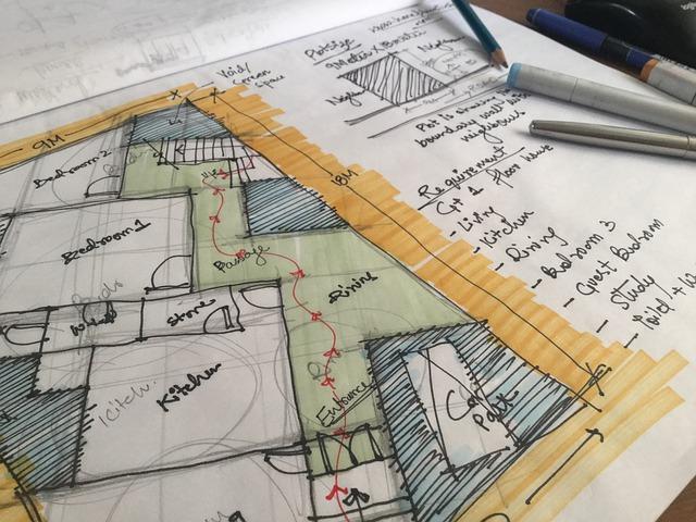 Interior floor plan sketch with material notes